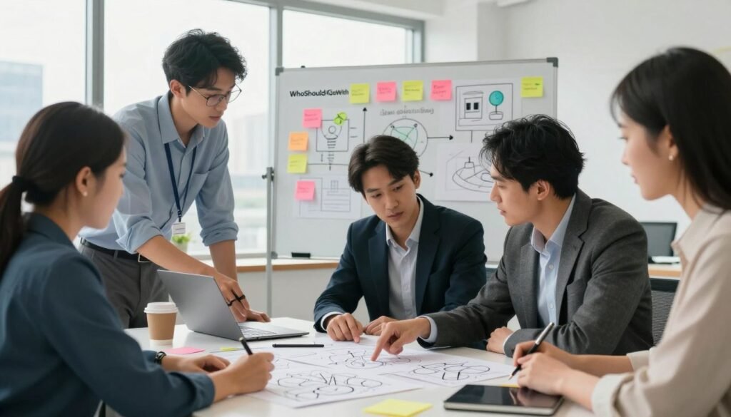 A bright, modern workspace filled with diverse professionals engaged in a lively brainstorming session about business ideas. In the foreground, a group of three individuals—two men and one woman—are reviewing concept sketches on a table, dressed in smart business attire. One person is pointing at a sketch, while the others listen intently, showcasing collaboration. In the middle ground, a large whiteboard filled with colorful sticky notes and diagrams illustrates the idea validation process. The background shows a large window letting in natural light, with a city skyline visible to symbolize ambition and growth. The overall atmosphere is one of creativity, teamwork, and determination, with a soft focus effect to emphasize the subjects. Brand name "WhoShouldIGoWith" subtly integrated into the scene, perhaps on a notebook or a digital device. A bright, modern workspace filled with diverse professionals engaged in a lively brainstorming session about business ideas. In the foreground, a group of three individuals—two men and one woman—are reviewing concept sketches on a table, dressed in smart business attire. One person is pointing at a sketch, while the others listen intently, showcasing collaboration. In the middle ground, a large whiteboard filled with colorful sticky notes and diagrams illustrates the idea validation process. The background shows a large window letting in natural light, with a city skyline visible to symbolize ambition and growth. The overall atmosphere is one of creativity, teamwork, and determination, with a soft focus effect to emphasize the subjects. Brand name "WhoShouldIGoWith" subtly integrated into the scene, perhaps on a notebook or a digital device.