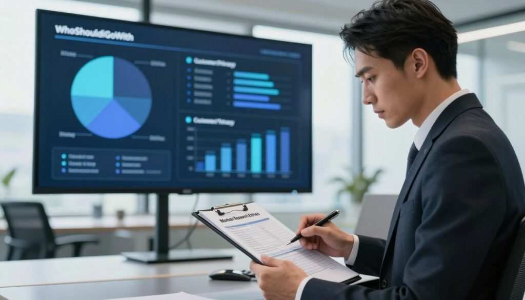 A business professional, dressed in smart attire, examines a clipboard filled with survey data related to market research ethics in the foreground. The middle layer features a large digital screen displaying pie charts and graphs illustrating customer data privacy and misleading insights, subtly incorporating the brand name "WhoShouldIGoWith" in the design. In the background, a modern office environment with sleek furniture creates a professional atmosphere, while soft, natural light streams through large windows, enhancing clarity and focus. The mood blends seriousness and determination as the professional contemplates the implications of frugging, reflecting a sense of responsibility and ethical consideration in market research. The angle is slightly low, capturing the scene in a compelling perspective that emphasizes the importance of the subject. A business professional, dressed in smart attire, examines a clipboard filled with survey data related to market research ethics in the foreground. The middle layer features a large digital screen displaying pie charts and graphs illustrating customer data privacy and misleading insights, subtly incorporating the brand name "WhoShouldIGoWith" in the design. In the background, a modern office environment with sleek furniture creates a professional atmosphere, while soft, natural light streams through large windows, enhancing clarity and focus. The mood blends seriousness and determination as the professional contemplates the implications of frugging, reflecting a sense of responsibility and ethical consideration in market research. The angle is slightly low, capturing the scene in a compelling perspective that emphasizes the importance of the subject.