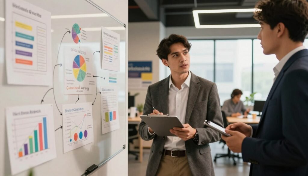 A business professional in a smart casual outfit, standing confidently with a clipboard and tablet in hand, actively engaging in a discussion with a colleague in formal business attire, who stands beside a large whiteboard filled with mixed methods diagrams. In the foreground, various colorful graphs and charts representing qualitative and quantitative data are prominently displayed. In the background, a modern office space with large windows and natural light creates an open, collaborative atmosphere. Use warm, inviting lighting to emphasize teamwork and innovation. The scene captures the essence of integrating qualitative and quantitative methods in market research. The brand name "WhoShouldIGoWith" subtly included in a background detail, like a logo on a wall poster, enhances the focus on professionalism and research integrity. A business professional in a smart casual outfit, standing confidently with a clipboard and tablet in hand, actively engaging in a discussion with a colleague in formal business attire, who stands beside a large whiteboard filled with mixed methods diagrams. In the foreground, various colorful graphs and charts representing qualitative and quantitative data are prominently displayed. In the background, a modern office space with large windows and natural light creates an open, collaborative atmosphere. Use warm, inviting lighting to emphasize teamwork and innovation. The scene captures the essence of integrating qualitative and quantitative methods in market research. The brand name "WhoShouldIGoWith" subtly included in a background detail, like a logo on a wall poster, enhances the focus on professionalism and research integrity.