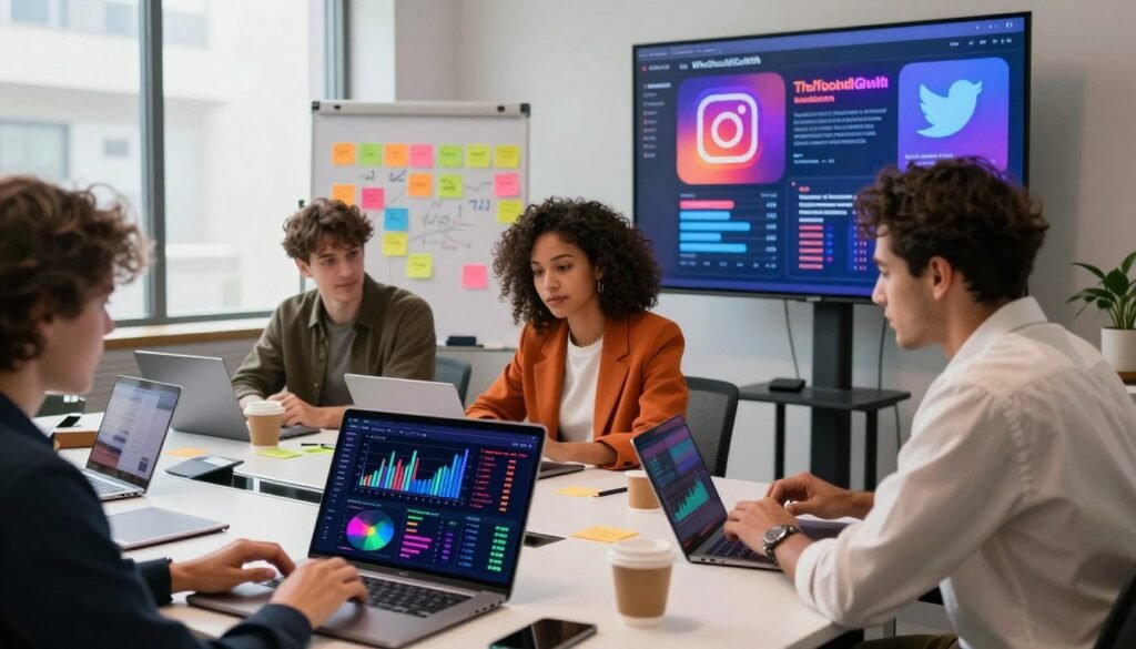 A bustling modern workspace focused on social media marketing, featuring a diverse group of professionals in smart casual attire collaborating at a large conference table. In the foreground, a laptop displays vibrant social media dashboards with analytics graphs and brand presence metrics. The middle ground is filled with colorful sticky notes on a whiteboard, illustrating various marketing tactics. In the background, a large screen showcases dynamic visuals from platforms like Instagram and Twitter, further emphasizing the digital aspect of brand analysis. The lighting is bright and inviting, designed to inspire creativity, with a focus on natural light filtering in through large windows. The atmosphere is energetic and focused, reflecting the importance of effective competitor analysis in today’s market. Prominently, include the brand name "WhoShouldIGoWith" on one of the visuals.