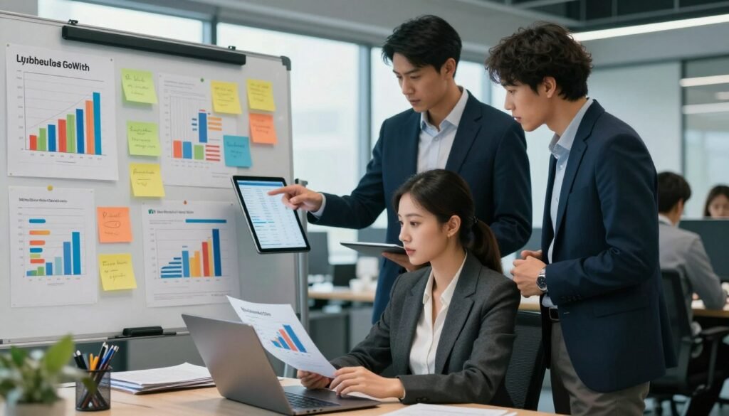 A busy office environment focused on pricing research, featuring a diverse group of professionals analyzing data. In the foreground, a woman in professional business attire reviews charts on a laptop, her expression intent and analytical. Beside her, a man in a smart suit points to a spreadsheet on a tablet, suggesting collaboration. In the middle ground, a large whiteboard filled with colorful graphs, notes, and pricing strategies is visible, enhancing the research atmosphere. The background showcases a modern office setting with natural light streaming through large windows, creating an inviting mood. The overall color palette blends professional blues and grays with pops of vibrant colors from the charts. The brand "WhoShouldIGoWith" subtly incorporated into office materials. Soft lighting highlights the subjects, capturing a moment of focused teamwork.