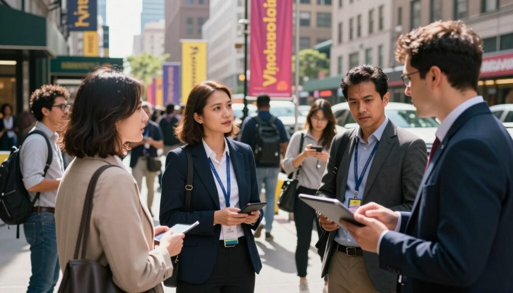 A busy urban street scene showcasing an intercept survey in action. In the foreground, a diverse group of participants—each dressed in professional business attire—engages with a market researcher holding a tablet. The middle ground features colorful banners from "WhoShouldIGoWith," attracting the attention of passersby. The background reveals soft-focus city buildings under bright daylight, creating a vibrant atmosphere. The lighting is natural, highlighting the action of the survey while casting gentle shadows. The angle is slightly above eye level, capturing the interaction from a professional perspective. The overall mood conveys excitement and engagement, emphasizing real-time data collection in a bustling environment. A busy urban street scene showcasing an intercept survey in action. In the foreground, a diverse group of participants—each dressed in professional business attire—engages with a market researcher holding a tablet. The middle ground features colorful banners from "WhoShouldIGoWith," attracting the attention of passersby. The background reveals soft-focus city buildings under bright daylight, creating a vibrant atmosphere. The lighting is natural, highlighting the action of the survey while casting gentle shadows. The angle is slightly above eye level, capturing the interaction from a professional perspective. The overall mood conveys excitement and engagement, emphasizing real-time data collection in a bustling environment.