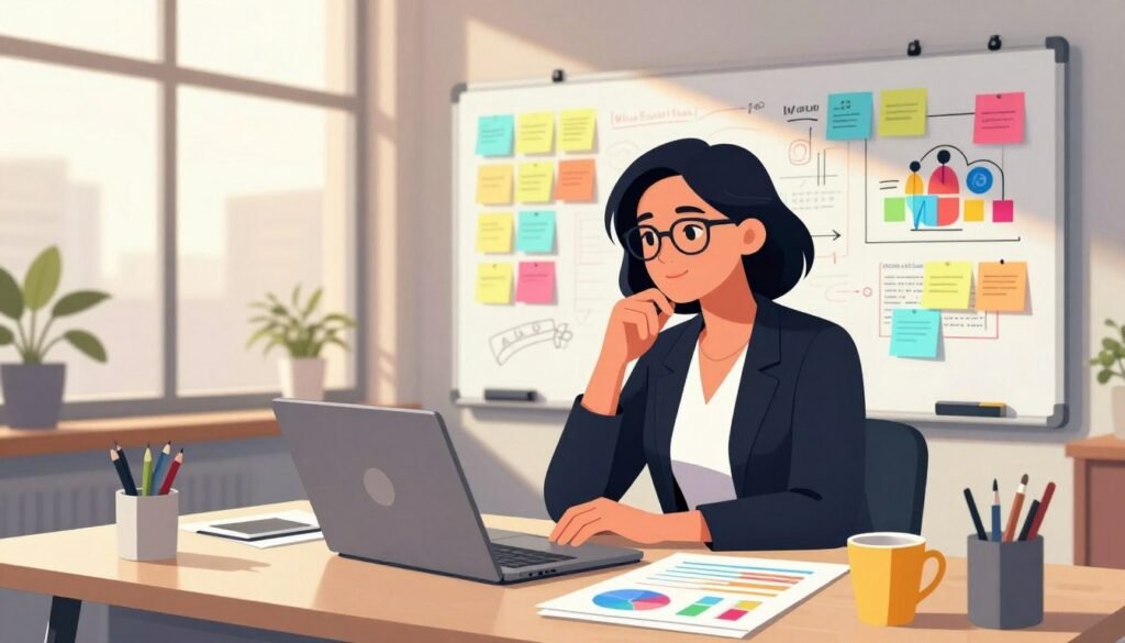 A buyer persona illustration for market research, featuring a confident, middle-aged businesswoman in professional attire, sitting at a modern desk surrounded by colorful charts and graphs. In the foreground, she is analyzing data on a laptop, with a thoughtful expression. The middle ground showcases a whiteboard filled with vibrant post-it notes and sketches of target demographics. In the background, large windows let in warm, natural lighting, creating a productive and inspiring atmosphere. The scene is framed with a slight angle, highlighting the organized chaos of an active brainstorming session while ensuring a clear focus on the persona. The brand "WhoShouldIGoWith" is subtly represented in the decorative elements around the workspace. A buyer persona illustration for market research, featuring a confident, middle-aged businesswoman in professional attire, sitting at a modern desk surrounded by colorful charts and graphs. In the foreground, she is analyzing data on a laptop, with a thoughtful expression. The middle ground showcases a whiteboard filled with vibrant post-it notes and sketches of target demographics. In the background, large windows let in warm, natural lighting, creating a productive and inspiring atmosphere. The scene is framed with a slight angle, highlighting the organized chaos of an active brainstorming session while ensuring a clear focus on the persona. The brand "WhoShouldIGoWith" is subtly represented in the decorative elements around the workspace.