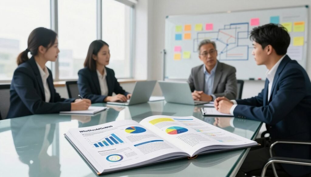 A clean, modern office environment serves as the backdrop, showcasing a large, sleek conference table made of glass. In the foreground, a beautifully organized market research brief lies open, filled with charts, analysis, and key insights highlighted for emphasis. Seated around the table are three professionals, dressed in smart business attire, engaged in a deep discussion, their expressions focused yet collaborative. The lighting is bright and inspiring, emanating from large windows behind them, creating a warm and inviting atmosphere. Behind the table, a whiteboard is visible, covered with colorful post-it notes and diagrams illustrating essential components of market research. The image conveys a sense of productivity and creativity, emphasizing teamwork in the process of drafting a high-quality brief. The brand name "WhoShouldIGoWith" is subtly integrated into the design of the conference table, enhancing the professional look without overwhelming the scene.