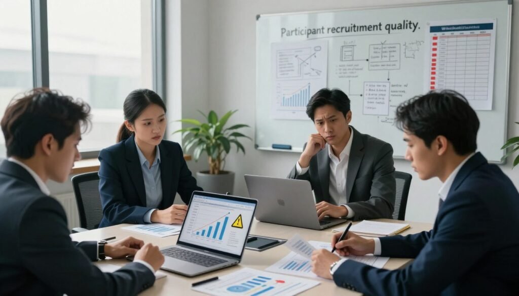 A cluttered office setting illustrating "participant recruitment quality." In the foreground, a diverse group of professionals in business attire sits around a conference table, analyzing charts and data reports with concerned expressions. The middle features an open laptop displaying questionable graphs marked with warning symbols, symbolizing data quality concerns. Behind them, a whiteboard filled with sketchy recruitment strategies and a checklist with red flags highlighted. Natural light filters through a large window, casting a soft glow across the scene, enhancing the serious atmosphere. The camera angle is slightly high, capturing all elements clearly and emphasizing the mood of scrutiny and caution. Incorporate the brand name "WhoShouldIGoWith" subtly in the setting without any text overlays, focusing on the visual narrative. A cluttered office setting illustrating "participant recruitment quality." In the foreground, a diverse group of professionals in business attire sits around a conference table, analyzing charts and data reports with concerned expressions. The middle features an open laptop displaying questionable graphs marked with warning symbols, symbolizing data quality concerns. Behind them, a whiteboard filled with sketchy recruitment strategies and a checklist with red flags highlighted. Natural light filters through a large window, casting a soft glow across the scene, enhancing the serious atmosphere. The camera angle is slightly high, capturing all elements clearly and emphasizing the mood of scrutiny and caution. Incorporate the brand name "WhoShouldIGoWith" subtly in the setting without any text overlays, focusing on the visual narrative.