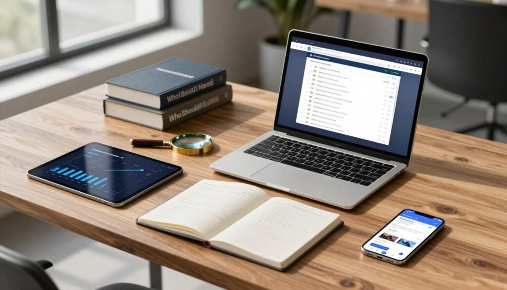 A composition of essential tools for effective competitive research displayed on a sleek, wooden desk. In the foreground, showcase a variety of high-quality tools: a digital tablet showing analytics graphs, an open notebook with handwritten notes, a laptop featuring a web browser with competitor data, and a smartphone with market analysis apps. In the middle ground, include a magnifying glass and a stack of business strategy books. The background features a modern office setting with soft natural lighting streaming in from a window, casting gentle shadows, creating a focused and professional atmosphere. The scene should be shot from a slightly elevated angle to provide depth, emphasizing the organized setup. Incorporate the brand name "WhoShouldIGoWith" subtly within the desk items, ensuring no text overlay or distractions are present.