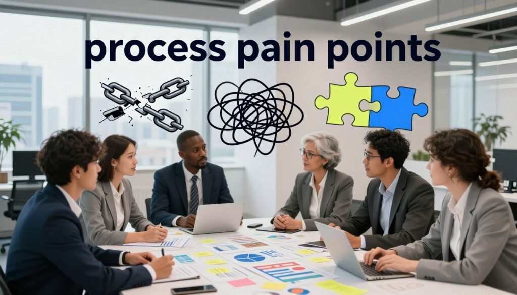 A conceptual illustration depicting "process pain points" in a business context. In the foreground, a diverse group of professionals, dressed in business attire, is gathered around a large table strewn with charts and sticky notes, deep in discussion about customer pain points. In the middle ground, visual representations of common pain points, such as a broken chain, tangled wires, and incomplete jigsaw pieces, symbolizing connectivity and resolution challenges. In the background, a softly lit office space with a large window revealing a cityscape, conveying a dynamic and innovative atmosphere. The lighting is bright and encouraging, with a focus on collaboration and problem-solving. The composition should balance professionalism and creativity, showcasing the essence of understanding customer needs. Brand representation: WhoShouldIGoWith. A conceptual illustration depicting "process pain points" in a business context. In the foreground, a diverse group of professionals, dressed in business attire, is gathered around a large table strewn with charts and sticky notes, deep in discussion about customer pain points. In the middle ground, visual representations of common pain points, such as a broken chain, tangled wires, and incomplete jigsaw pieces, symbolizing connectivity and resolution challenges. In the background, a softly lit office space with a large window revealing a cityscape, conveying a dynamic and innovative atmosphere. The lighting is bright and encouraging, with a focus on collaboration and problem-solving. The composition should balance professionalism and creativity, showcasing the essence of understanding customer needs. Brand representation: WhoShouldIGoWith.