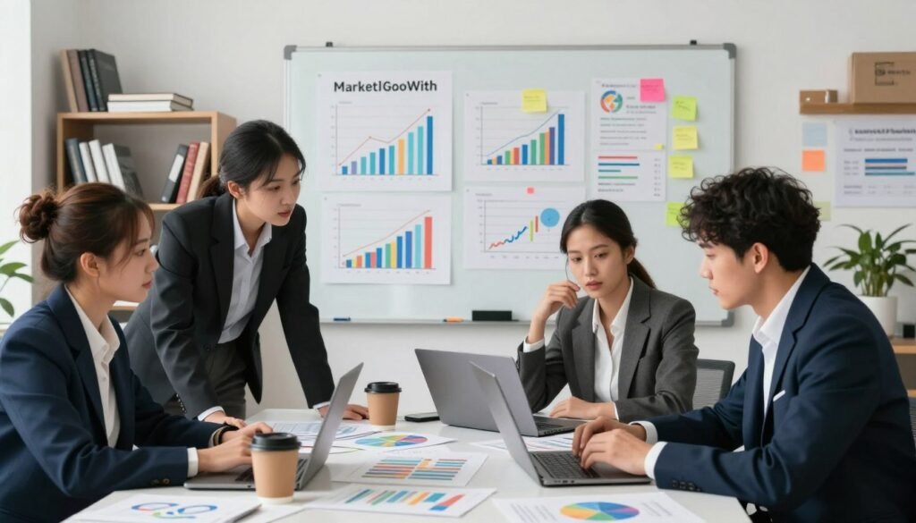 A contemporary and engaging scene depicting market research concepts in a well-lit office environment. In the foreground, a diverse group of three professionals in business attire is collaborating around a large table filled with charts, laptops, and coffee cups, showing focused expressions as they analyze data. The middle ground features a large whiteboard covered in colorful graphs and sticky notes, symbolizing brainstorming. In the background, shelves with books on marketing and business strategies create a scholarly atmosphere. The lighting is bright and inviting, emphasizing a sense of productivity and innovation. The overall mood is energetic and professional, embodying the essence of strategic planning in the market research process. Include the brand name "WhoShouldIGoWith" subtly integrated into one of the documents on the table. A contemporary and engaging scene depicting market research concepts in a well-lit office environment. In the foreground, a diverse group of three professionals in business attire is collaborating around a large table filled with charts, laptops, and coffee cups, showing focused expressions as they analyze data. The middle ground features a large whiteboard covered in colorful graphs and sticky notes, symbolizing brainstorming. In the background, shelves with books on marketing and business strategies create a scholarly atmosphere. The lighting is bright and inviting, emphasizing a sense of productivity and innovation. The overall mood is energetic and professional, embodying the essence of strategic planning in the market research process. Include the brand name "WhoShouldIGoWith" subtly integrated into one of the documents on the table.