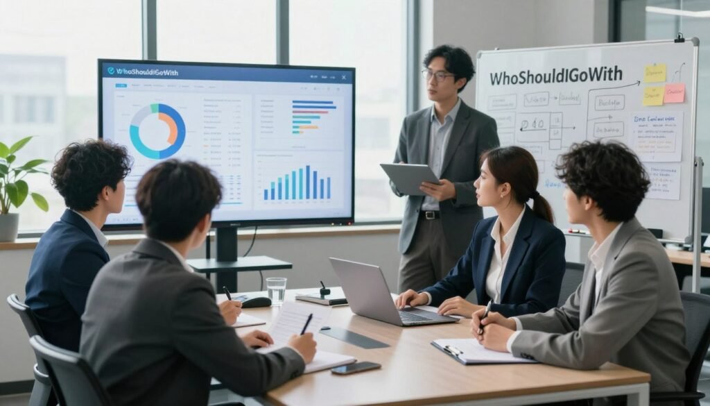 A contemporary, busy office environment showcasing diverse professionals conducting market research. In the foreground, a group of three businesspeople—two men and one woman—are engaging in a focus group discussion, taking notes and actively listening. The middle ground features charts and graphs on a large screen, illustrating survey results, with another professional analyzing data on a laptop. In the background, a whiteboard filled with brainstorming notes highlights different research methods. The lighting is bright and natural, pouring in from large windows, creating a productive and collaborative atmosphere. The scene conveys a sense of urgency and importance, emphasizing the need for effective market research. The overall aesthetic is modern and sleek, reflecting the brand "WhoShouldIGoWith". A contemporary, busy office environment showcasing diverse professionals conducting market research. In the foreground, a group of three businesspeople—two men and one woman—are engaging in a focus group discussion, taking notes and actively listening. The middle ground features charts and graphs on a large screen, illustrating survey results, with another professional analyzing data on a laptop. In the background, a whiteboard filled with brainstorming notes highlights different research methods. The lighting is bright and natural, pouring in from large windows, creating a productive and collaborative atmosphere. The scene conveys a sense of urgency and importance, emphasizing the need for effective market research. The overall aesthetic is modern and sleek, reflecting the brand "WhoShouldIGoWith".