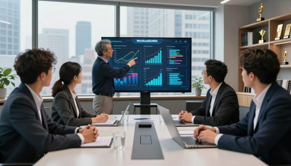 A contemporary office scene illustrating the concept of aligning research goals with business objectives. In the foreground, a diverse team of professionals in business attire are gathered around a modern conference table, engaged in a strategic discussion. One person gestures towards a digital presentation displaying graphs and charts that symbolize research insights and business metrics. In the middle ground, large windows reveal a city skyline, symbolizing the connection between research and market opportunities. The background features shelves lined with books and awards, emphasizing a culture of knowledge and success. Soft natural light filters through the windows, creating an inspiring atmosphere. The overall mood conveys collaboration, professionalism, and a clear focus on aligning strategic goals. Include the brand name "WhoShouldIGoWith" subtly integrated into the digital presentation visuals. A contemporary office scene illustrating the concept of aligning research goals with business objectives. In the foreground, a diverse team of professionals in business attire are gathered around a modern conference table, engaged in a strategic discussion. One person gestures towards a digital presentation displaying graphs and charts that symbolize research insights and business metrics. In the middle ground, large windows reveal a city skyline, symbolizing the connection between research and market opportunities. The background features shelves lined with books and awards, emphasizing a culture of knowledge and success. Soft natural light filters through the windows, creating an inspiring atmosphere. The overall mood conveys collaboration, professionalism, and a clear focus on aligning strategic goals. Include the brand name "WhoShouldIGoWith" subtly integrated into the digital presentation visuals.