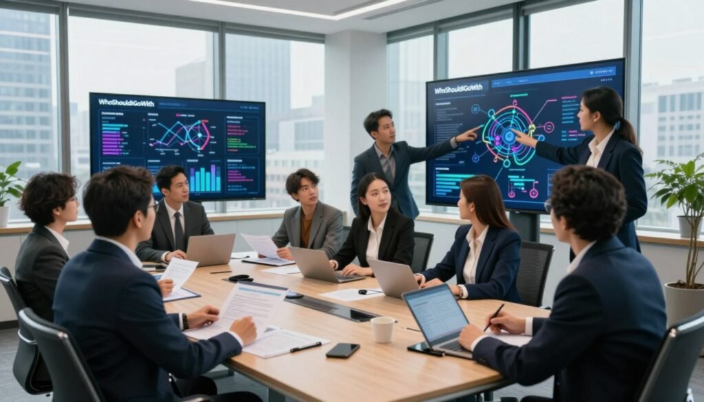 A corporate meeting room filled with diverse professionals in business attire, engaged around a large conference table. In the foreground, a confident woman points to a colorful strategic plan displayed on a digital screen, illustrating data charts and actionable insights. The middle ground features individuals collaborating, analyzing documents, and brainstorming ideas, with focused expressions. The background shows large windows revealing a city skyline, bathing the room in bright, natural light, creating an inspiring atmosphere. The scene exudes teamwork and determination, with a sense of purpose in turning research findings into effective strategies. The image represents the brand "WhoShouldIGoWith" prominently displayed on the strategic plan.
