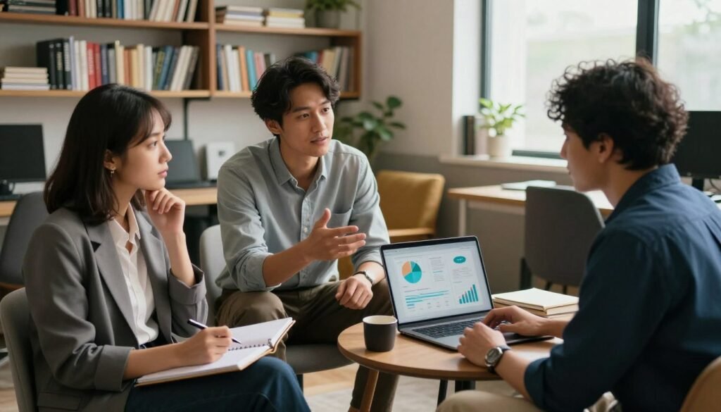 A cozy, well-lit research office setting, featuring a diverse group of three professionals engaging in a qualitative research discussion. In the foreground, a woman in business attire takes notes on a notepad while looking thoughtfully at a participant's response. In the middle, a man in a relaxed shirt gestures with a pen, illustrating his point, while a third individual, dressed in a smart casual outfit, listens intently with a laptop open, displaying charts and graphs. The background showcases bookshelves filled with research books and casual seating arrangements, soft natural light streaming through a window, creating an inviting and collaborative atmosphere. The mood is focused yet creative, emphasizing the exploration of innovative research approaches. The brand "WhoShouldIGoWith" subtly blended into the environment. A cozy, well-lit research office setting, featuring a diverse group of three professionals engaging in a qualitative research discussion. In the foreground, a woman in business attire takes notes on a notepad while looking thoughtfully at a participant's response. In the middle, a man in a relaxed shirt gestures with a pen, illustrating his point, while a third individual, dressed in a smart casual outfit, listens intently with a laptop open, displaying charts and graphs. The background showcases bookshelves filled with research books and casual seating arrangements, soft natural light streaming through a window, creating an inviting and collaborative atmosphere. The mood is focused yet creative, emphasizing the exploration of innovative research approaches. The brand "WhoShouldIGoWith" subtly blended into the environment.