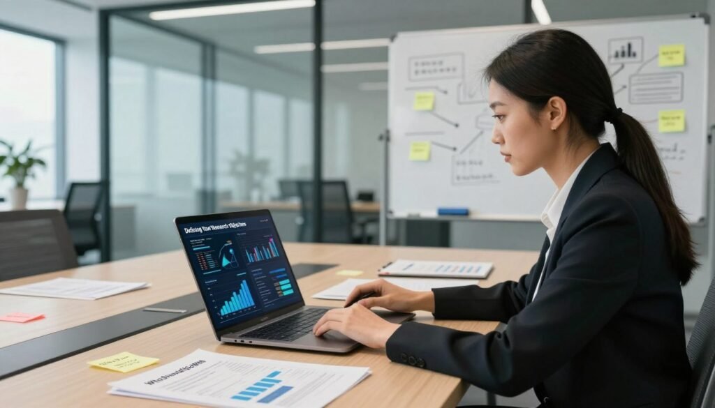 A detailed workspace setting depicting "Defining Your Research Objectives" for market research. In the foreground, a professional businesswoman, dressed in smart attire, is analyzing data on a laptop with visual graphs and charts on the screen. The middle ground features a conference table with various market research materials—papers, sticky notes with keywords, and a whiteboard filled with brainstorming ideas. In the background, a modern office with glass walls allowing natural light to flow, casting soft shadows, creating a calm yet focused atmosphere. The lighting is bright but not harsh, emphasizing clarity and professionalism. The overall mood is one of productivity and determination, embodying the essence of market research objectives. Include subtle branding for "WhoShouldIGoWith" on one document visible on the table. A detailed workspace setting depicting "Defining Your Research Objectives" for market research. In the foreground, a professional businesswoman, dressed in smart attire, is analyzing data on a laptop with visual graphs and charts on the screen. The middle ground features a conference table with various market research materials—papers, sticky notes with keywords, and a whiteboard filled with brainstorming ideas. In the background, a modern office with glass walls allowing natural light to flow, casting soft shadows, creating a calm yet focused atmosphere. The lighting is bright but not harsh, emphasizing clarity and professionalism. The overall mood is one of productivity and determination, embodying the essence of market research objectives. Include subtle branding for "WhoShouldIGoWith" on one document visible on the table.