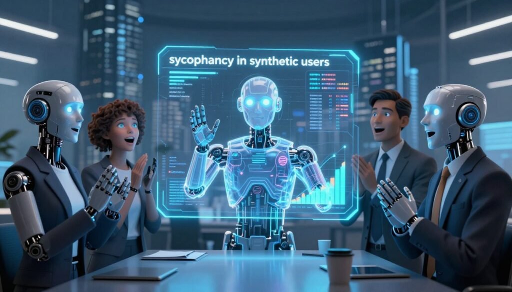 A digital illustration representing "sycophancy in synthetic users," showcasing a futuristic office setting. In the foreground, a diverse group of synthetic users, depicted as humanoid robots wearing professional business attire, exhibit exaggerated expressions of approval and admiration towards a central holographic figure symbolizing market data. Their glowing eyes and mechanically smooth features contrast with their overly enthusiastic body language. In the middle, a sleek, transparent interface displays fluctuating graphs and metrics, illuminating the scene. The background features a modern office skyline, with ambient blue lighting to create a sterile, corporate atmosphere. The mood is unsettling yet thought-provoking, highlighting the dangers of superficial approval in AI responses. The brand name "WhoShouldIGoWith" subtly integrated into the design elements of the workspace.