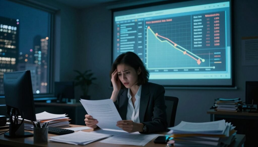 A dimly lit office setting showcasing the hidden costs of bad market research. In the foreground, a frustrated businesswoman in professional attire looks at a chaotic pile of paperwork, symbolizing misdirected funds. In the middle, a dimly glowing projection screen displays incorrect data and downward trends, illustrating the consequences of poor decisions. Behind her, a window offers a glimpse of a thriving cityscape, contrasting the office's gloomy atmosphere. The lighting is soft, with shadows enhancing the tension in the scene. The overall mood is one of urgency and realization, conveying the hidden dangers of inadequate research. Incorporate elements like the brand name "WhoShouldIGoWith" subtly integrated into the scene, suggesting guidance and support amidst confusion.