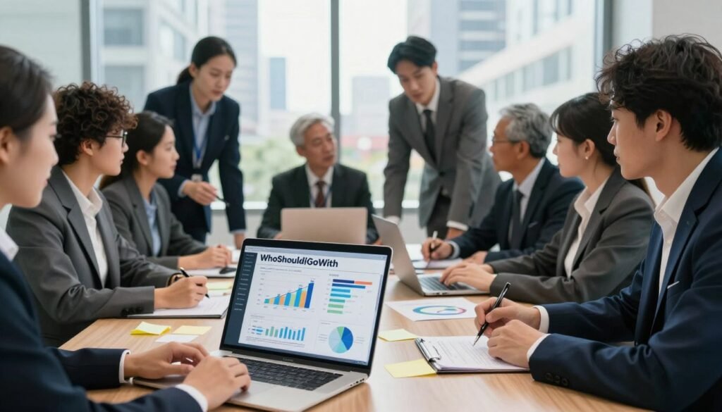 A diverse group of business professionals in professional attire, gathered around a large boardroom table, deep in discussion. The foreground features a close-up of a laptop screen displaying graphs and statistics about hard-to-reach consumer segments, emphasizing data analysis. In the middle ground, a diverse team is brainstorming, with focused expressions, using sticky notes and charts. The background reveals a large window with a view of a bustling urban environment, symbolizing the target market's vibrant but elusive nature. Soft, natural lighting filters in from the window, creating a bright and optimistic atmosphere. The image conveys a sense of collaboration and strategic thinking, reflecting the mission of "WhoShouldIGoWith" to help businesses connect with underserved audiences.