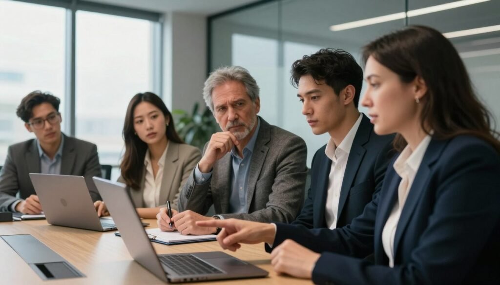 A diverse group of five professionals engaged in a focused discussion in a modern office setting. The foreground features a middle-aged woman in a smart business suit pointing to a laptop screen, while a young man in business casual attire nods in agreement. In the middle, a thoughtful middle-aged man, dressed in a tailored blazer, takes notes, and a young woman in professional attire observes intently. The background showcases a sleek conference room with a large window allowing natural light to fill the space, casting soft shadows. The mood is collaborative and productive, emphasizing clarity and purpose in defining research objectives. The image embodies the brand "WhoShouldIGoWith" subtly by portraying teamwork and professionalism.