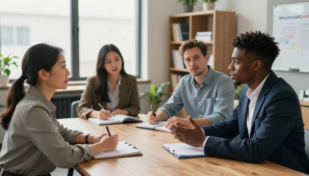 A diverse group of four human participants engaged in a roundtable discussion, representing various ethnic backgrounds and demographics. The foreground features a middle-aged Asian woman and a young Black man in professional business attire, actively sharing ideas. In the middle ground, a Hispanic woman and a Caucasian man are taking notes, showcasing a collaborative research environment. The setting is a modern office with large windows allowing soft natural light to illuminate the scene, creating a warm and inviting atmosphere. In the background, a bookshelf filled with research materials and plants adds depth to the composition. The overall mood is focused and contemplative, reflecting the theme of ethical considerations for human participants in research. The brand "WhoShouldIGoWith" subtly integrated into the scene as part of a presentation material.