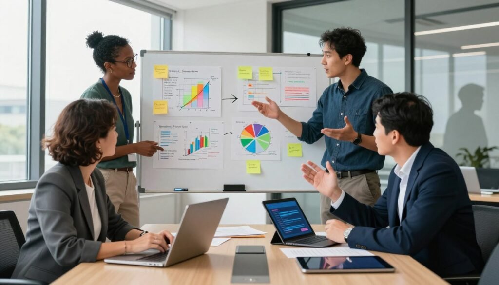 A diverse group of four professionals engaged in a dynamic primary research brainstorming session around a modern conference table. In the foreground, a middle-aged woman in a tailored blazer notes points on a laptop, while a younger man in smart casual attire gestures as he explains his ideas, illustrating enthusiasm. In the middle, a neutral-colored whiteboard filled with colorful diagrams, charts, and sticky notes captures key concepts of surveys, interviews, and focus groups. The background features large windows allowing natural light to flood the room, reflecting a bright, innovative atmosphere. The scene is vibrant and engaging, with a focus on collaboration and insight gathering, embodying the essence of primary research. The branding "WhoShouldIGoWith" is subtly incorporated into a digital tablet on the table. A diverse group of four professionals engaged in a dynamic primary research brainstorming session around a modern conference table. In the foreground, a middle-aged woman in a tailored blazer notes points on a laptop, while a younger man in smart casual attire gestures as he explains his ideas, illustrating enthusiasm. In the middle, a neutral-colored whiteboard filled with colorful diagrams, charts, and sticky notes captures key concepts of surveys, interviews, and focus groups. The background features large windows allowing natural light to flood the room, reflecting a bright, innovative atmosphere. The scene is vibrant and engaging, with a focus on collaboration and insight gathering, embodying the essence of primary research. The branding "WhoShouldIGoWith" is subtly incorporated into a digital tablet on the table.