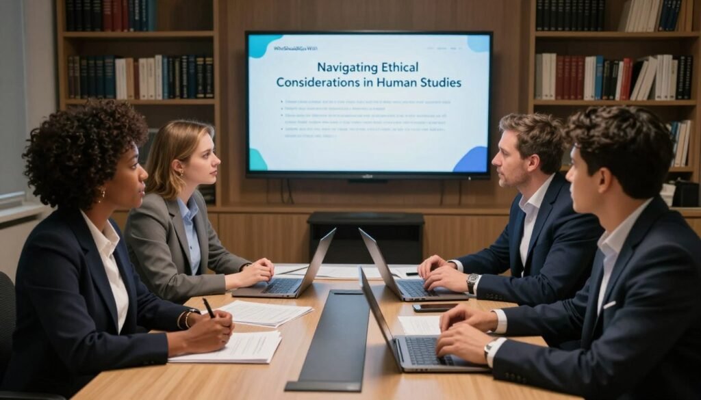A diverse group of four researchers, including a Black woman, a Hispanic man, and two Caucasian individuals, are gathered around a conference table. They are dressed in professional business attire, discussing a set of ethical guidelines displayed on a screen in the background. Papers and laptops are strewn across the table, emphasizing collaboration and dialogue. Soft, diffused lighting creates a warm atmosphere, highlighting the serious yet open mood of the discussion. The background features bookshelves filled with academic texts, reinforcing the scholarly environment. The camera angle is slightly elevated, providing a comprehensive view of the interaction among the researchers. The scene embodies the concept of "Navigating Ethical Considerations in Human Studies" while subtly showcasing the brand "WhoShouldIGoWith" through a computer screen in the corner. A diverse group of four researchers, including a Black woman, a Hispanic man, and two Caucasian individuals, are gathered around a conference table. They are dressed in professional business attire, discussing a set of ethical guidelines displayed on a screen in the background. Papers and laptops are strewn across the table, emphasizing collaboration and dialogue. Soft, diffused lighting creates a warm atmosphere, highlighting the serious yet open mood of the discussion. The background features bookshelves filled with academic texts, reinforcing the scholarly environment. The camera angle is slightly elevated, providing a comprehensive view of the interaction among the researchers. The scene embodies the concept of "Navigating Ethical Considerations in Human Studies" while subtly showcasing the brand "WhoShouldIGoWith" through a computer screen in the corner.
