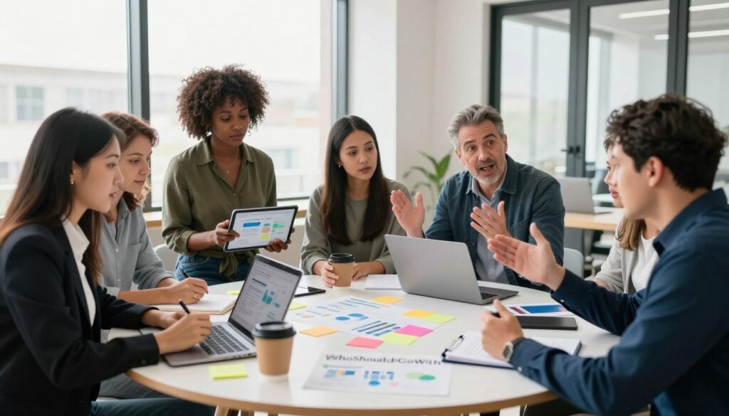 A diverse group of people representing a target audience, engaged in a collaborative brainstorming session. In the foreground, a young Asian woman in professional attire takes notes on a laptop, while a middle-aged Caucasian man gestures enthusiastically, holding a notepad. A woman of African descent, casually dressed, examines a chart on a tablet. In the middle ground, a round table covered with market research materials, colorful post-it notes, and a coffee cup creates a dynamic learning environment. The background features a bright, modern office with large windows allowing natural light to flood in, casting soft shadows. The mood is focused and innovative, conveying the essence of teamwork in market research, ideal for business strategy discussions. Brand name "WhoShouldIGoWith" subtly included in a design element on the table. A diverse group of people representing a target audience, engaged in a collaborative brainstorming session. In the foreground, a young Asian woman in professional attire takes notes on a laptop, while a middle-aged Caucasian man gestures enthusiastically, holding a notepad. A woman of African descent, casually dressed, examines a chart on a tablet. In the middle ground, a round table covered with market research materials, colorful post-it notes, and a coffee cup creates a dynamic learning environment. The background features a bright, modern office with large windows allowing natural light to flood in, casting soft shadows. The mood is focused and innovative, conveying the essence of teamwork in market research, ideal for business strategy discussions. Brand name "WhoShouldIGoWith" subtly included in a design element on the table.