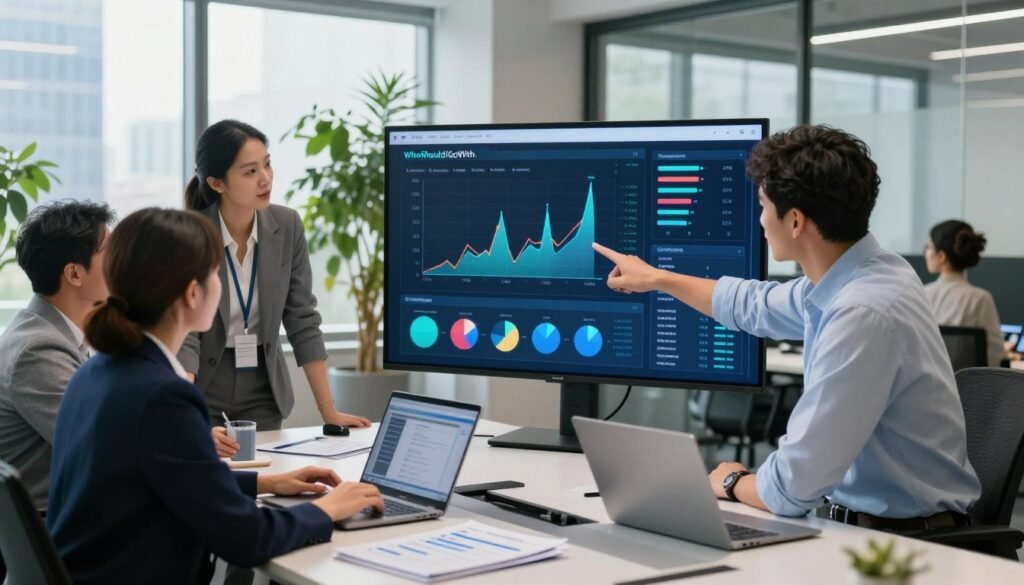 A diverse group of professionals analyzing data visualizations in a modern office setting, collaborating around a large touchscreen display, showing graphs and charts representing customer segments. In the foreground, two individuals, a woman in a smart blazer and a man in a business shirt, point at a graph, engaged in discussion. In the middle, a sleek conference table with laptops and data reports sprawled out. In the background, a bright office filled with greenery and cityscape views through large windows, soft natural light illuminating the scene, creating a focused yet collaborative atmosphere. The image should convey a sense of teamwork and analytical prowess, showcasing the theme of leveraging data for customer segmentation, prominently featuring the brand name "WhoShouldIGoWith".