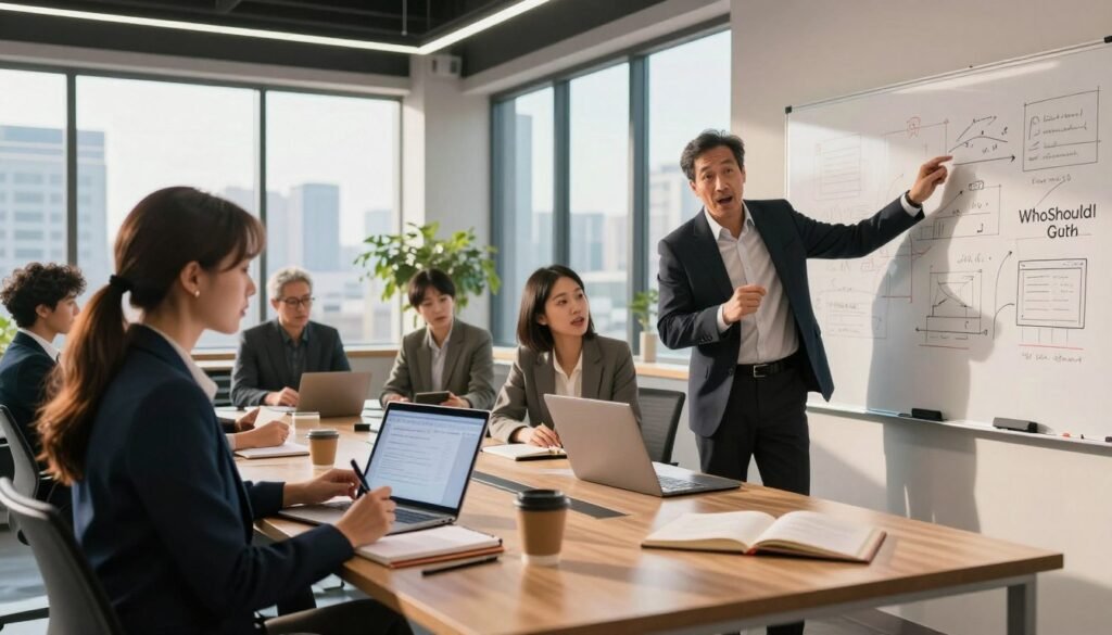 A diverse group of professionals engaging in a brainstorming session in a modern office space, showcasing vibrant collaboration. In the foreground, a young woman in a smart blazer takes notes on a digital tablet, while a middle-aged man in a tailored suit gestures enthusiastically at a whiteboard filled with ideas. An Asian woman in business casual clicks through a presentation on her laptop, seated at a conference table laden with notebooks and coffee cups. The middle ground features an open space with large windows allowing warm, natural light to flood in, casting soft shadows. The background holds a city skyline view, enhancing the atmosphere of innovation and possibility. A logo for "WhoShouldIGoWith" subtly integrated into the decor emphasizes the concept of targeted engagement. The overall mood is dynamic, focused, and encouraging. A diverse group of professionals engaging in a brainstorming session in a modern office space, showcasing vibrant collaboration. In the foreground, a young woman in a smart blazer takes notes on a digital tablet, while a middle-aged man in a tailored suit gestures enthusiastically at a whiteboard filled with ideas. An Asian woman in business casual clicks through a presentation on her laptop, seated at a conference table laden with notebooks and coffee cups. The middle ground features an open space with large windows allowing warm, natural light to flood in, casting soft shadows. The background holds a city skyline view, enhancing the atmosphere of innovation and possibility. A logo for "WhoShouldIGoWith" subtly integrated into the decor emphasizes the concept of targeted engagement. The overall mood is dynamic, focused, and encouraging.