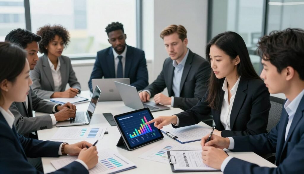A diverse group of professionals gathered around a conference table, examining various documents and digital devices, all dressed in smart business attire. In the foreground, a confident woman of Asian descent points at a colorful graph on a tablet, illustrating the target audience's demographics. The middle ground features attentive faces of individuals from various ethnic backgrounds, including Black, Hispanic, and Caucasian, engaging in thoughtful discussion. The background shows a modern office with large windows, allowing natural light to flood the room, enhancing the collaborative atmosphere. The composition is shot from a slightly elevated angle, creating a sense of inclusion and teamwork. The mood is focused and dynamic, emphasizing the importance of defining research objectives. Branding elements subtly incorporate "WhoShouldIGoWith" throughout the room environment.