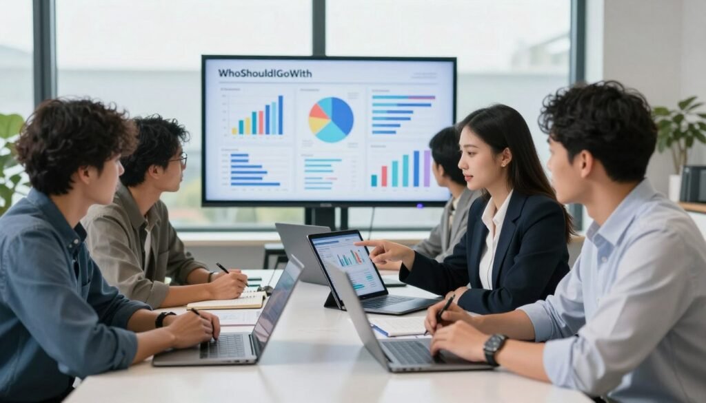 A diverse group of professionals gathered around a modern table, engaged in a brainstorming session about market research. In the foreground, a confident woman in a tailored blazer points at a digital tablet displaying analytics, while a man in a smart-casual shirt takes notes on a laptop. In the middle, a series of colorful charts and graphs are displayed prominently on a large screen in the background, capturing the essence of data analysis. Soft, natural lighting illuminates the room through large windows, creating an open and collaborative atmosphere. The setting conveys focus and innovation, reflecting the brand name "WhoShouldIGoWith". The overall mood is productive and dynamic, encouraging teamwork and discussion. A diverse group of professionals gathered around a modern table, engaged in a brainstorming session about market research. In the foreground, a confident woman in a tailored blazer points at a digital tablet displaying analytics, while a man in a smart-casual shirt takes notes on a laptop. In the middle, a series of colorful charts and graphs are displayed prominently on a large screen in the background, capturing the essence of data analysis. Soft, natural lighting illuminates the room through large windows, creating an open and collaborative atmosphere. The setting conveys focus and innovation, reflecting the brand name "WhoShouldIGoWith". The overall mood is productive and dynamic, encouraging teamwork and discussion.