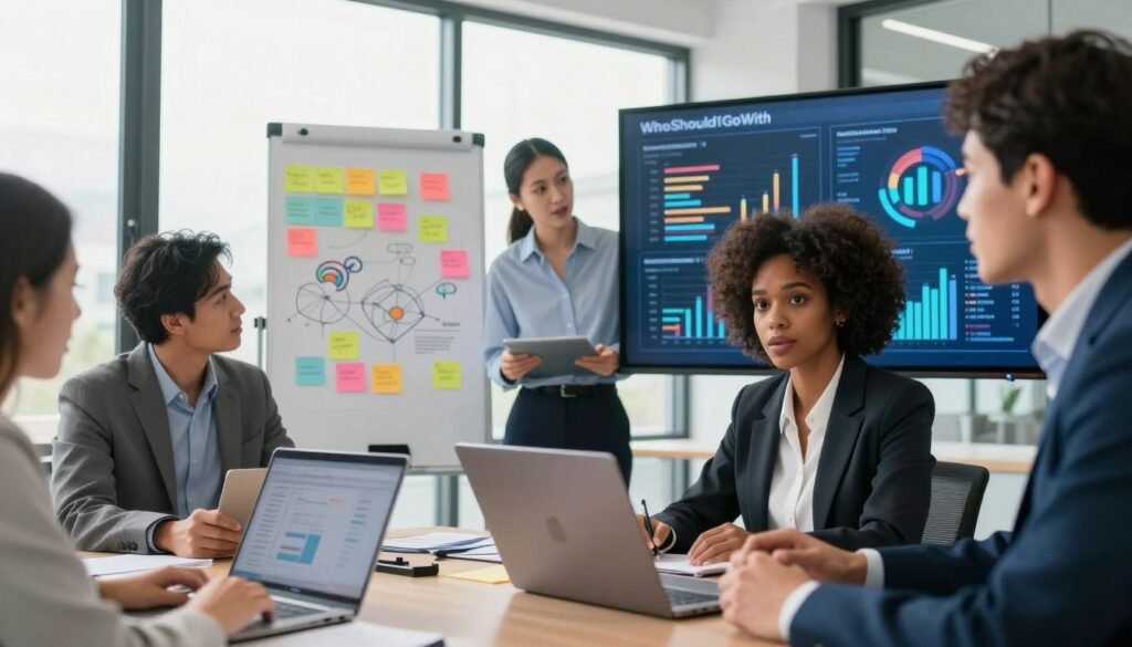 A diverse group of professionals in a modern office setting, engaged in a collaborative market research meeting. In the foreground, a Black woman in professional attire is presenting data on a laptop, while a Hispanic man and a Caucasian woman examine charts on a large digital screen, showcasing various market research metrics. Their expressions display curiosity and openness, symbolizing the concept of overcoming bias and embracing new ideas. The middle ground features a whiteboard filled with colorful sticky notes and diagrams representing various perspectives. In the background, large windows let in natural light, creating a bright and optimistic atmosphere. The overall mood is dynamic and innovative, reflecting a proactive approach to overcoming preconceived notions. The branding “WhoShouldIGoWith” is subtly integrated into the design elements.