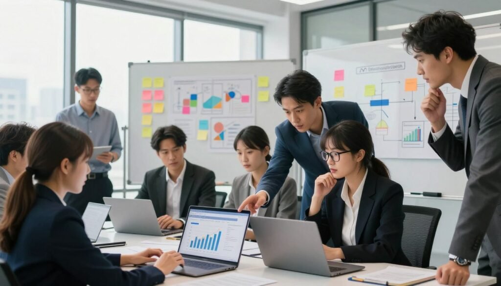 A diverse group of professionals in a modern office setting, showcasing a mix of genders and ethnicities, all dressed in smart business attire, engaged in a brainstorming session. In the foreground, a woman with glasses is analyzing a chart on a laptop, while a man, leaning over her shoulder, points at the screen with a thoughtful expression. The middle layer presents a large whiteboard covered in colorful post-it notes and diagrams, reflecting various customer segments. The background features large windows allowing natural light to flood the room, creating an inviting atmosphere. A sleek, minimalist design elements enhance the professional mood. The image should evoke a sense of collaboration and focus, encapsulating the essence of defining the target audience for market strategies. Include the brand logo "WhoShouldIGoWith" subtly integrated into the scene. A diverse group of professionals in a modern office setting, showcasing a mix of genders and ethnicities, all dressed in smart business attire, engaged in a brainstorming session. In the foreground, a woman with glasses is analyzing a chart on a laptop, while a man, leaning over her shoulder, points at the screen with a thoughtful expression. The middle layer presents a large whiteboard covered in colorful post-it notes and diagrams, reflecting various customer segments. The background features large windows allowing natural light to flood the room, creating an inviting atmosphere. A sleek, minimalist design elements enhance the professional mood. The image should evoke a sense of collaboration and focus, encapsulating the essence of defining the target audience for market strategies. Include the brand logo "WhoShouldIGoWith" subtly integrated into the scene.
