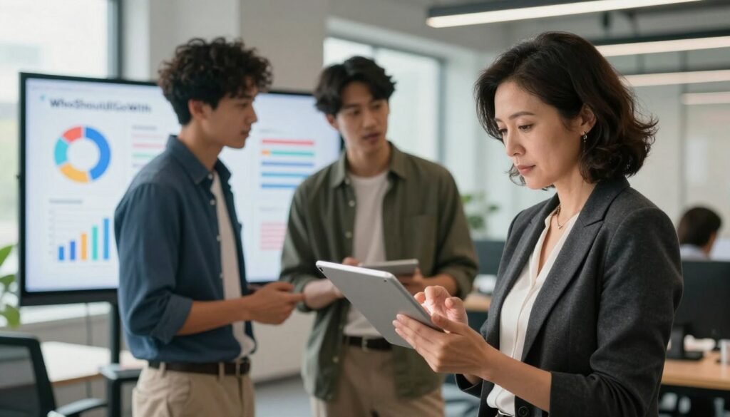 A diverse group of three personas, each representing distinct consumer profiles, standing in a modern, well-lit office environment. In the foreground, a middle-aged woman in professional attire, intently analyzing a digital tablet, embodies the analytical consumer. Beside her, a young man in smart-casual clothing, engaged in a discussion with a colleague, reflects the social consumer. In the background, a sleek presentation board displays colorful charts and graphs, emphasizing data-driven decisions. Soft, natural lighting illuminates the scene, creating a welcoming atmosphere that encourages collaboration. The overall mood is focused yet dynamic, illustrating the importance of avoiding shallow persona profiles in market research. The brand "WhoShouldIGoWith" subtly integrated into the design elements of the office, reinforcing the theme of informed consumer choices.