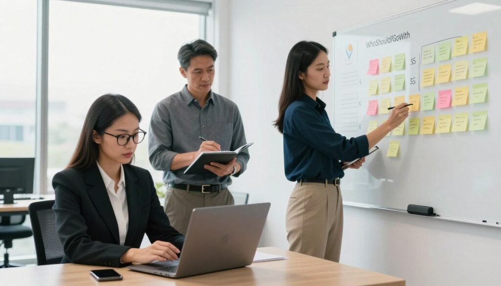 A diverse group of three professionals conducting customer research in a bright, modern office setting. In the foreground, a woman with glasses, dressed in formal attire, is intently analyzing feedback on a laptop, while a middle-aged man, in a smart casual outfit, jots down insights on a notepad. Next to them, a young professional of Asian descent, wearing business casual, is looking at a large whiteboard filled with post-it notes symbolizing customer pain points. The background features a large window that bathes the room in natural light, highlighting a brainstorming session atmosphere. The overall mood is focused and collaborative, emphasizing the importance of avoiding assumptions in customer research. The brand name "WhoShouldIGoWith" is subtly integrated into a design on the whiteboard. A diverse group of three professionals conducting customer research in a bright, modern office setting. In the foreground, a woman with glasses, dressed in formal attire, is intently analyzing feedback on a laptop, while a middle-aged man, in a smart casual outfit, jots down insights on a notepad. Next to them, a young professional of Asian descent, wearing business casual, is looking at a large whiteboard filled with post-it notes symbolizing customer pain points. The background features a large window that bathes the room in natural light, highlighting a brainstorming session atmosphere. The overall mood is focused and collaborative, emphasizing the importance of avoiding assumptions in customer research. The brand name "WhoShouldIGoWith" is subtly integrated into a design on the whiteboard.