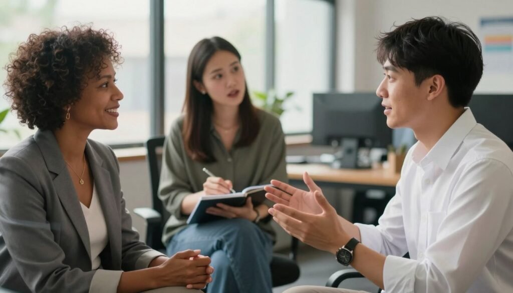 A diverse group of three professionals engaged in a dynamic conversation in a modern office setting, highlighting the essence of real human interaction. In the foreground, a middle-aged Black woman in a smart blazer smiles as she listens intently to a young Asian man in a crisp dress shirt, gesturing with enthusiasm. The middle ground features a white woman casually dressed, taking notes on a notepad while looking intrigued. The background shows a large window with soft natural light filtering in, casting a warm glow over the scene. The atmosphere is one of collaboration and genuine connection, symbolizing the irreplaceable value of human experiences in market research. softly blurred elements suggestive of an innovative workspace with elements related to the brand "WhoShouldIGoWith" subtly integrated.