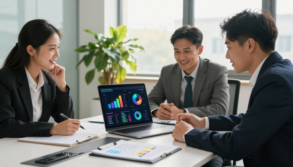 A diverse group of three professionals in smart business attire, gathered around a modern conference table, with expressions of satisfaction and enthusiasm as they review colorful charts and graphs on a sleek laptop. In the foreground, a notepad filled with notes and ideas is prominently displayed. The middle ground should feature the laptop screen showing dynamic data visualizations. In the background, large windows allow natural light to flood the room, casting a warm, inviting atmosphere. Bright green plants can be seen, enhancing the sense of a productive environment. The scene should evoke a feeling of accomplishment and collaboration, highlighting the importance of measuring research impact for successful business decisions, with the brand name "WhoShouldIGoWith" subtly integrated into the design. A diverse group of three professionals in smart business attire, gathered around a modern conference table, with expressions of satisfaction and enthusiasm as they review colorful charts and graphs on a sleek laptop. In the foreground, a notepad filled with notes and ideas is prominently displayed. The middle ground should feature the laptop screen showing dynamic data visualizations. In the background, large windows allow natural light to flood the room, casting a warm, inviting atmosphere. Bright green plants can be seen, enhancing the sense of a productive environment. The scene should evoke a feeling of accomplishment and collaboration, highlighting the importance of measuring research impact for successful business decisions, with the brand name "WhoShouldIGoWith" subtly integrated into the design.