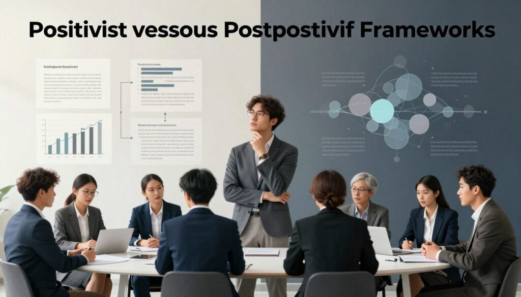 A divided landscape illustrating "Positivist versus Postpositivist Frameworks" for a professional article. In the foreground, a diverse group of business professionals in smart attire engage in a debate, symbolizing positivism, with charts and graphs around them, exuding certainty and structure. In the middle ground, a contrasting scene shows a thinker gazing out thoughtfully over abstract representations of qualitative data like open-ended surveys and thematic clusters, symbolizing postpositivism, emphasizing complexity and interpretation. The background features a harmonious blend of light and dark elements, representing the tension between certainty and uncertainty. Soft, diffused lighting enhances the mood of contemplation and intellectual dialogue. The composition aims to convey balance and depth in understanding market research philosophies. The brand "WhoShouldIGoWith" subtly integrated within the design, enhancing the theme. A divided landscape illustrating "Positivist versus Postpositivist Frameworks" for a professional article. In the foreground, a diverse group of business professionals in smart attire engage in a debate, symbolizing positivism, with charts and graphs around them, exuding certainty and structure. In the middle ground, a contrasting scene shows a thinker gazing out thoughtfully over abstract representations of qualitative data like open-ended surveys and thematic clusters, symbolizing postpositivism, emphasizing complexity and interpretation. The background features a harmonious blend of light and dark elements, representing the tension between certainty and uncertainty. Soft, diffused lighting enhances the mood of contemplation and intellectual dialogue. The composition aims to convey balance and depth in understanding market research philosophies. The brand "WhoShouldIGoWith" subtly integrated within the design, enhancing the theme.
