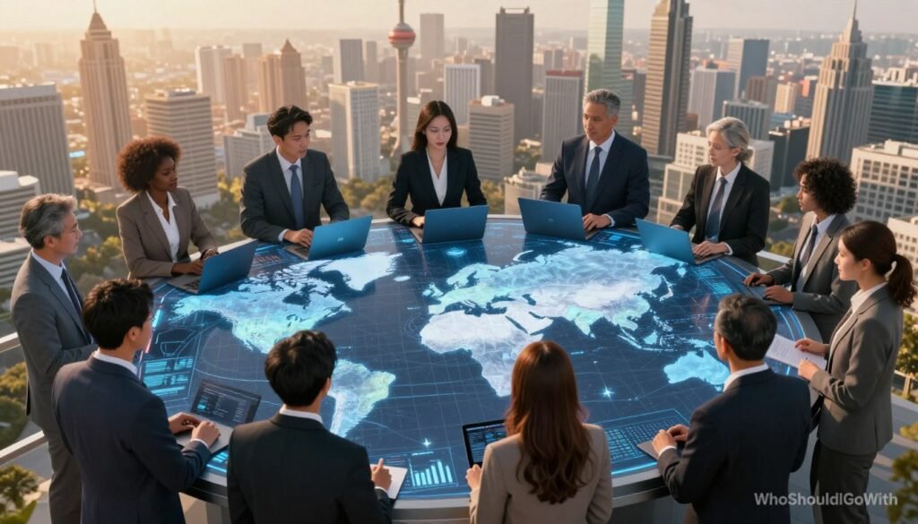 A dynamic and engaging scene depicting global market expansion. In the foreground, a diverse group of business professionals in smart business attire collaborates around a large digital map, focusing on various regions marked with emerging market trends. The middle ground features representatives from different cultures, engaged in conversation, with laptops and graphs showcasing data analysis. The background includes iconic landmarks from various major cities around the world, symbolizing global reach and diversity. Soft, warm lighting enhances the professional atmosphere, while a bird's-eye view angle adds depth to the composition. The mood reflects optimism and collaboration, emphasizing the complexities of expanding into international markets. A subtle watermark with the brand name "WhoShouldIGoWith" is present in the corner, ensuring professionalism without distractions.
