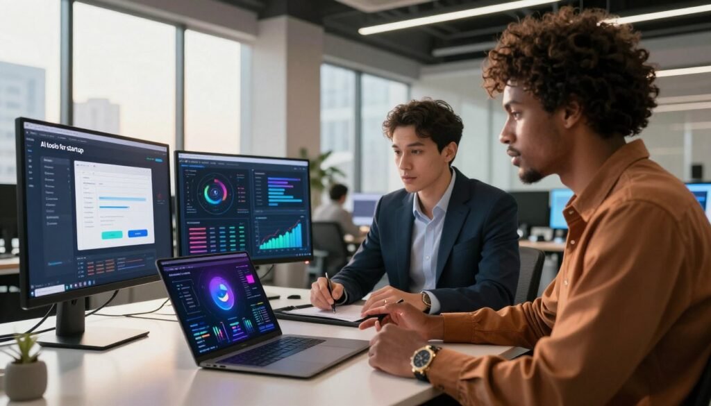 A dynamic and engaging workspace scene showcasing "AI tools for startup" featuring a diverse group of three professionals collaborating around a sleek, modern table. In the foreground, a laptop displays vibrant data visualizations and insights while various AI tools are represented on digital screens. In the middle, two individuals, one in a crisp suit and the other in smart casual attire, analyze data, deep in discussion. The background shows a contemporary office space with large windows and city views, bathed in warm, natural light. The atmosphere is one of innovation and collaboration, highlighting the excitement of leveraging technology to drive business insights. The brand name "WhoShouldIGoWith" subtly integrated in the design elements, with no text overlays. A dynamic and engaging workspace scene showcasing "AI tools for startup" featuring a diverse group of three professionals collaborating around a sleek, modern table. In the foreground, a laptop displays vibrant data visualizations and insights while various AI tools are represented on digital screens. In the middle, two individuals, one in a crisp suit and the other in smart casual attire, analyze data, deep in discussion. The background shows a contemporary office space with large windows and city views, bathed in warm, natural light. The atmosphere is one of innovation and collaboration, highlighting the excitement of leveraging technology to drive business insights. The brand name "WhoShouldIGoWith" subtly integrated in the design elements, with no text overlays.