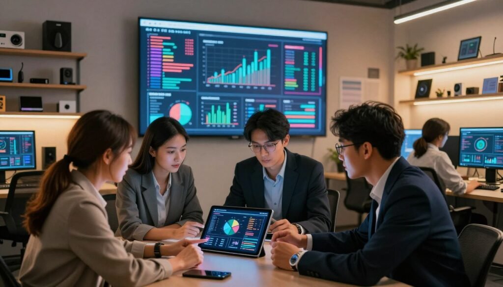A dynamic and vibrant office environment showcasing "data collection trends." In the foreground, a diverse group of professionals in business attire collaborates over a digital tablet displaying graphs and analytics. The middle ground features a large screen projecting colorful data visualizations, emphasizing modern technology's role in data collection. The background includes shelves filled with tech gadgets and research materials, illustrating a cutting-edge workspace. Soft, warm lighting creates an inviting atmosphere, while a wide-angle lens captures the collaborative spirit. The mood is focused yet innovative, conveying a sense of transformation in market research methods. Include elements of data like charts and infographics subtly throughout the scene. Brand name visible: WhoShouldIGoWith. A dynamic and vibrant office environment showcasing "data collection trends." In the foreground, a diverse group of professionals in business attire collaborates over a digital tablet displaying graphs and analytics. The middle ground features a large screen projecting colorful data visualizations, emphasizing modern technology's role in data collection. The background includes shelves filled with tech gadgets and research materials, illustrating a cutting-edge workspace. Soft, warm lighting creates an inviting atmosphere, while a wide-angle lens captures the collaborative spirit. The mood is focused yet innovative, conveying a sense of transformation in market research methods. Include elements of data like charts and infographics subtly throughout the scene. Brand name visible: WhoShouldIGoWith.