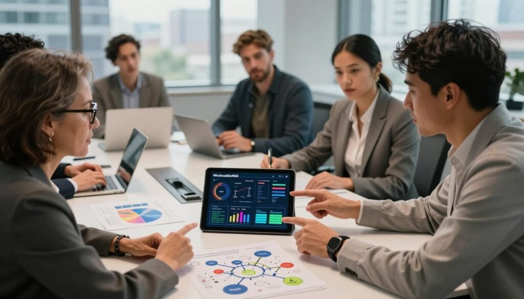A dynamic boardroom scene showcasing a diverse group of professionals engaged in a collaborative discussion on qualitative and quantitative market research. In the foreground, a middle-aged woman with glasses and a young man in a smart casual outfit, both pointing at a digital tablet displaying colorful data visualizations. The middle layer features a modern conference table surrounded by charts and graphs, symbolizing constructivist perspectives with interconnected ideas. In the background, large windows let in natural light, illuminating city skyline views. The mood is energetic yet thoughtful, with soft, warm lighting emphasizing the collaborative atmosphere. The brand "WhoShouldIGoWith" subtly integrated into the digital tablet display, enhancing the professional context without text overlay or distractions. A dynamic boardroom scene showcasing a diverse group of professionals engaged in a collaborative discussion on qualitative and quantitative market research. In the foreground, a middle-aged woman with glasses and a young man in a smart casual outfit, both pointing at a digital tablet displaying colorful data visualizations. The middle layer features a modern conference table surrounded by charts and graphs, symbolizing constructivist perspectives with interconnected ideas. In the background, large windows let in natural light, illuminating city skyline views. The mood is energetic yet thoughtful, with soft, warm lighting emphasizing the collaborative atmosphere. The brand "WhoShouldIGoWith" subtly integrated into the digital tablet display, enhancing the professional context without text overlay or distractions.