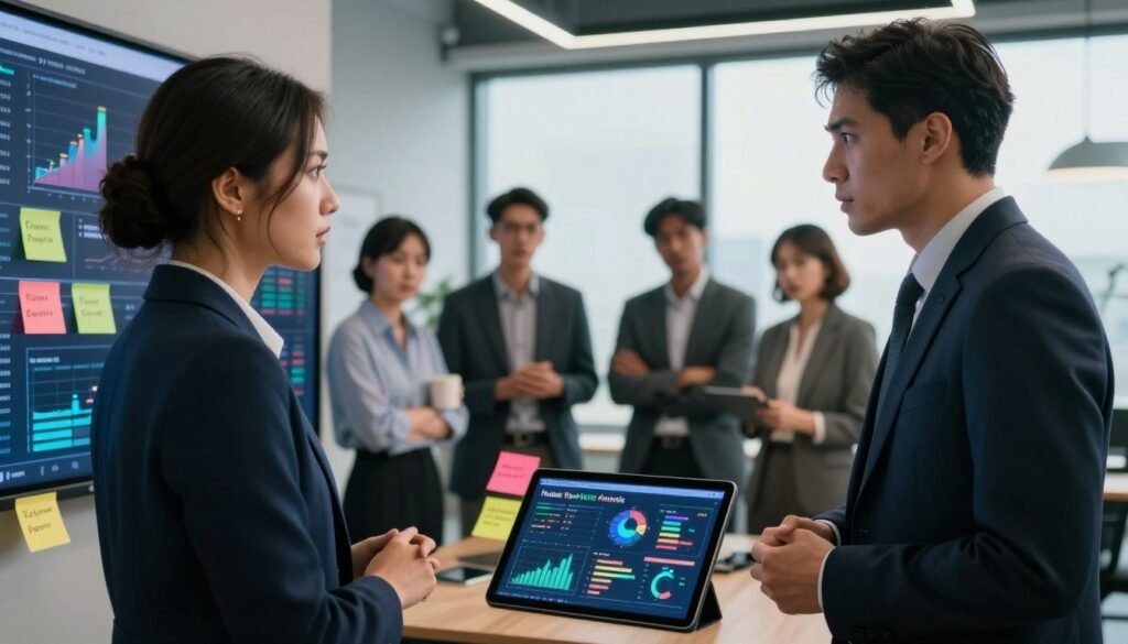 A dynamic business meeting scene focused on market sizing analysis, featuring two professionals in smart business attire, standing by a large screen displaying complex graphs and data points. In the foreground, a digital tablet with detailed charts and figures illustrates pitfalls to avoid during market analysis, surrounded by colorful sticky notes with reminders. In the middle, a diverse group of engaged colleagues discusses strategies, with expressions of concern and focus. The background reveals a modern office environment with large windows letting in soft natural light, creating an inspiring atmosphere. The composition emphasizes teamwork and analytical thinking, enhancing the viewer's understanding of market sizing challenges. The logo "WhoShouldIGoWith" is subtly integrated into the scene, reinforcing the theme. A dynamic business meeting scene focused on market sizing analysis, featuring two professionals in smart business attire, standing by a large screen displaying complex graphs and data points. In the foreground, a digital tablet with detailed charts and figures illustrates pitfalls to avoid during market analysis, surrounded by colorful sticky notes with reminders. In the middle, a diverse group of engaged colleagues discusses strategies, with expressions of concern and focus. The background reveals a modern office environment with large windows letting in soft natural light, creating an inspiring atmosphere. The composition emphasizes teamwork and analytical thinking, enhancing the viewer's understanding of market sizing challenges. The logo "WhoShouldIGoWith" is subtly integrated into the scene, reinforcing the theme.