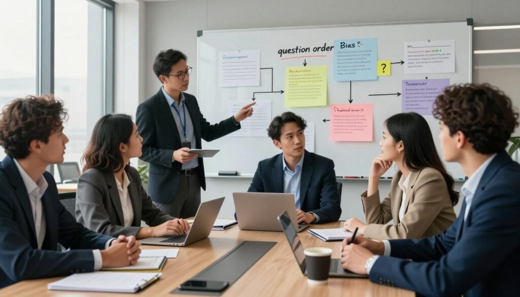 A dynamic business meeting scene showcasing the concept of "question order" bias. In the foreground, a diverse group of professionals in smart business attire, deeply engaged in discussion around a conference table cluttered with notepads and digital devices. In the middle ground, a large whiteboard filled with colorful charts and questions in a non-linear arrangement, emphasizing the complexity of questioning techniques. The background features a modern office setting with tall windows allowing soft, natural light to create a warm and inviting atmosphere. The camera angle captures the expressions of the participants, showcasing intrigue and contemplation, while a sense of collaboration and tension regarding correct questionnaire design is palpable. The brand logo "WhoShouldIGoWith" subtly integrated into the environment, perhaps on a coffee mug or a presentation slide, enhances the thematic relevance without overpowering the scene. A dynamic business meeting scene showcasing the concept of "question order" bias. In the foreground, a diverse group of professionals in smart business attire, deeply engaged in discussion around a conference table cluttered with notepads and digital devices. In the middle ground, a large whiteboard filled with colorful charts and questions in a non-linear arrangement, emphasizing the complexity of questioning techniques. The background features a modern office setting with tall windows allowing soft, natural light to create a warm and inviting atmosphere. The camera angle captures the expressions of the participants, showcasing intrigue and contemplation, while a sense of collaboration and tension regarding correct questionnaire design is palpable. The brand logo "WhoShouldIGoWith" subtly integrated into the environment, perhaps on a coffee mug or a presentation slide, enhances the thematic relevance without overpowering the scene.