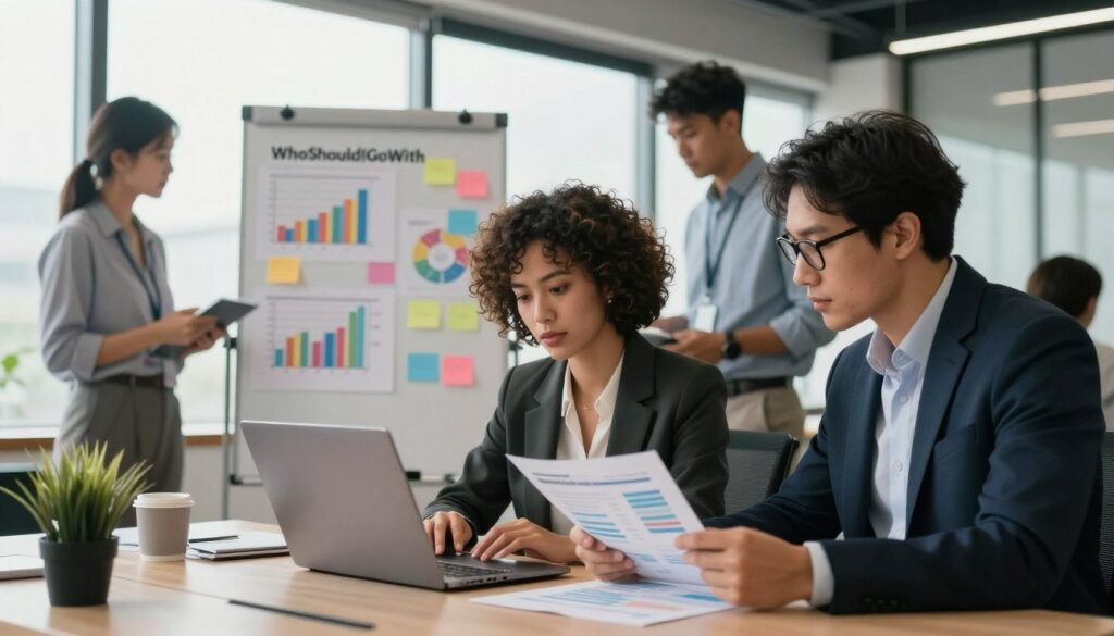 A dynamic business setting, featuring a diverse group of focused professionals engaged in target audience research. In the foreground, a well-dressed woman with short curly hair actively analyzes demographic charts on a sleek laptop, while a man in smart attire with glasses reviews printed market data. The middle ground includes a whiteboard filled with colorful graphs and post-it notes, showcasing key insights. In the background, a modern office environment with large windows allowing soft natural light to filter in, creating an inspiring atmosphere. The overall mood is one of collaboration and strategic thinking, embodying the essence of growth and insight in market research. Highlight the brand name "WhoShouldIGoWith" subtly integrated into the scene, ensuring it blends naturally into the professional setting. A dynamic business setting, featuring a diverse group of focused professionals engaged in target audience research. In the foreground, a well-dressed woman with short curly hair actively analyzes demographic charts on a sleek laptop, while a man in smart attire with glasses reviews printed market data. The middle ground includes a whiteboard filled with colorful graphs and post-it notes, showcasing key insights. In the background, a modern office environment with large windows allowing soft natural light to filter in, creating an inspiring atmosphere. The overall mood is one of collaboration and strategic thinking, embodying the essence of growth and insight in market research. Highlight the brand name "WhoShouldIGoWith" subtly integrated into the scene, ensuring it blends naturally into the professional setting.