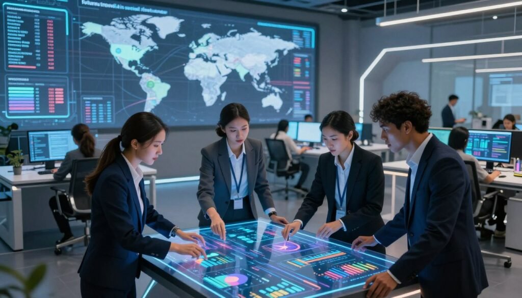 A dynamic futuristic workspace showcasing "future trends in social listening." In the foreground, a diverse group of four professionals, dressed in smart business attire, collaborate over a transparent digital display filled with colorful data visualizations, charts, and social media metrics. In the middle ground, sleek tables with advanced computing devices and immersive augmented reality interfaces create an atmosphere of innovation. The background features a panoramic wall screen displaying global social media landscapes in real-time. Bright, ambient lighting highlights the high-tech environment, while a soft focus lens effect captures the energy of teamwork. The overall mood is engaging and forward-thinking, symbolizing the evolution of market research and customer insights. The brand name "WhoShouldIGoWith" subtly integrated into the design elements, enhancing the narrative of modern digital analytics.