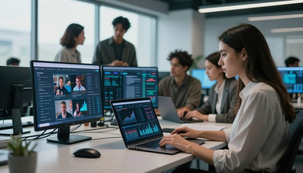 A dynamic, modern workspace illustrating the concept of "social listening" for market research. In the foreground, a professional businesswoman in smart casual attire analyzes data on her laptop, displaying graphs and social media metrics. In the middle ground, a diverse team of individuals engages in deep discussion, surrounded by digital screens showcasing live social media feeds and analytics. The background features a sleek office with large windows allowing natural light to flood in, creating an uplifting atmosphere. Soft, ambient lighting highlights expressions of insight and focus on the team. Incorporate the brand name "WhoShouldIGoWith" in a subtle design element, ensuring it blends harmoniously with the professional scene. The composition should evoke a sense of collaboration, innovation, and strategic thinking.