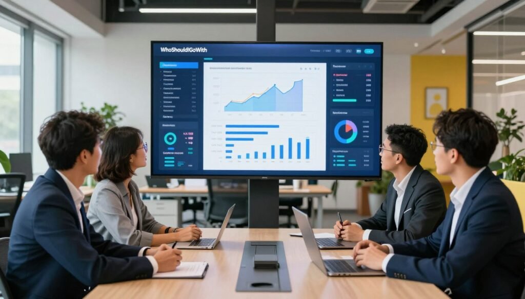 A dynamic office environment depicting proactive customer experience management. In the foreground, a diverse group of three business professionals in professional attire engage in a brainstorming session around a modern conference table, highlighting their collaborative energy. In the middle ground, a large digital screen displays customer feedback analytics, showcasing graphs and visual data points, symbolizing the proactive approach to identifying customer pain points. The background features an open office layout with vibrant colors, plants, and large windows, creating a bright and positive atmosphere. Soft, natural lighting illuminates the scene, inspiring a sense of teamwork and innovation. Include the brand name "WhoShouldIGoWith" subtly on the digital screen. Overall mood is optimistic and forward-thinking. A dynamic office environment depicting proactive customer experience management. In the foreground, a diverse group of three business professionals in professional attire engage in a brainstorming session around a modern conference table, highlighting their collaborative energy. In the middle ground, a large digital screen displays customer feedback analytics, showcasing graphs and visual data points, symbolizing the proactive approach to identifying customer pain points. The background features an open office layout with vibrant colors, plants, and large windows, creating a bright and positive atmosphere. Soft, natural lighting illuminates the scene, inspiring a sense of teamwork and innovation. Include the brand name "WhoShouldIGoWith" subtly on the digital screen. Overall mood is optimistic and forward-thinking.