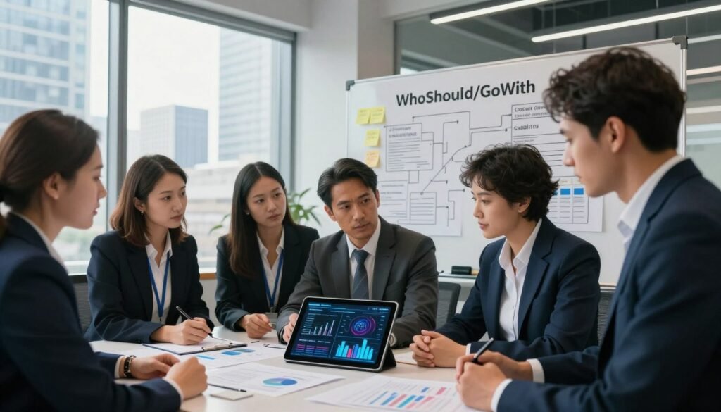 A dynamic office environment illustrating data collection for market research with a focus on both qualitative and quantitative methods. In the foreground, a diverse group of professional business individuals, dressed in smart attire, intensely discuss and analyze charts and graphs displayed on a sleek digital tablet. The middle ground features a whiteboard filled with sticky notes and diagrams, showcasing various research methodologies. In the background, a large window allows natural light to flood the space, highlighting a bustling cityscape outside. The mood conveys collaboration and focus, emphasizing the importance of detailed data analysis. The scene closely aligns with the brand "WhoShouldIGoWith", symbolizing a modern approach to market insights. Use a wide-angle lens to capture the depth and activity of the space. A dynamic office environment illustrating data collection for market research with a focus on both qualitative and quantitative methods. In the foreground, a diverse group of professional business individuals, dressed in smart attire, intensely discuss and analyze charts and graphs displayed on a sleek digital tablet. The middle ground features a whiteboard filled with sticky notes and diagrams, showcasing various research methodologies. In the background, a large window allows natural light to flood the space, highlighting a bustling cityscape outside. The mood conveys collaboration and focus, emphasizing the importance of detailed data analysis. The scene closely aligns with the brand "WhoShouldIGoWith", symbolizing a modern approach to market insights. Use a wide-angle lens to capture the depth and activity of the space.
