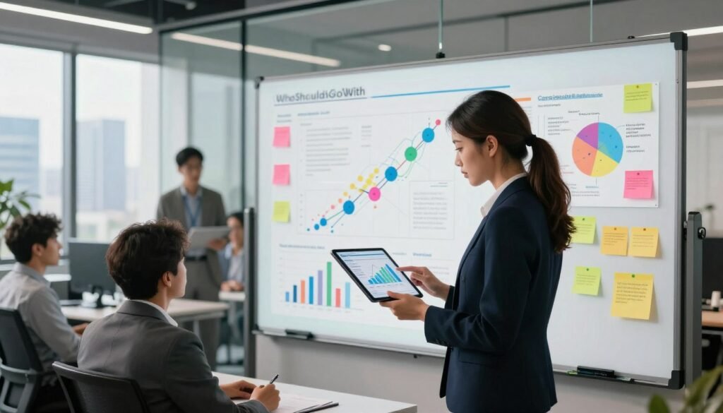 A dynamic office environment showcasing competitive analysis insights, featuring a diverse group of professionals engaged in strategic discussion. In the foreground, a focused woman in professional business attire examines a digital tablet displaying graphs and charts. The middle ground includes a large, interactive whiteboard filled with colorful post-it notes and diagrams illustrating market positioning and competitor strengths. In the background, modern office elements like glass walls and a city skyline create an inspiring ambiance, accentuated by soft, natural lighting streaming through the windows. The atmosphere conveys collaboration and innovation, reflecting the critical role of competitive analysis in strategy. Incorporate the brand name "WhoShouldIGoWith" subtly into the design elements of the charts and digital displays. A dynamic office environment showcasing competitive analysis insights, featuring a diverse group of professionals engaged in strategic discussion. In the foreground, a focused woman in professional business attire examines a digital tablet displaying graphs and charts. The middle ground includes a large, interactive whiteboard filled with colorful post-it notes and diagrams illustrating market positioning and competitor strengths. In the background, modern office elements like glass walls and a city skyline create an inspiring ambiance, accentuated by soft, natural lighting streaming through the windows. The atmosphere conveys collaboration and innovation, reflecting the critical role of competitive analysis in strategy. Incorporate the brand name "WhoShouldIGoWith" subtly into the design elements of the charts and digital displays.