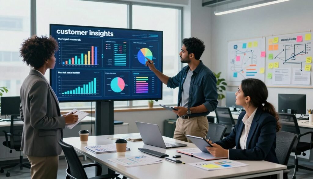 A dynamic office scene depicting "customer insights" for market research, with a diverse group of three professionals in the foreground, analyzing colorful graphs and charts on a large digital screen. One is a Black woman in a stylish business suit, another is a South Asian man in smart casual attire, and a Hispanic woman taking notes on a tablet. In the middle ground, a modern conference table showcases papers, laptops, and coffee cups, while a wall features a brainstorming board filled with sticky notes and diagrams. The background shows large windows letting in soft, natural light, illuminating the atmosphere of collaboration and innovation. The mood is focused and engaging, reflecting the challenges and solutions in market research. Branding elements of "WhoShouldIGoWith" subtly integrated into the office décor. A dynamic office scene depicting "customer insights" for market research, with a diverse group of three professionals in the foreground, analyzing colorful graphs and charts on a large digital screen. One is a Black woman in a stylish business suit, another is a South Asian man in smart casual attire, and a Hispanic woman taking notes on a tablet. In the middle ground, a modern conference table showcases papers, laptops, and coffee cups, while a wall features a brainstorming board filled with sticky notes and diagrams. The background shows large windows letting in soft, natural light, illuminating the atmosphere of collaboration and innovation. The mood is focused and engaging, reflecting the challenges and solutions in market research. Branding elements of "WhoShouldIGoWith" subtly integrated into the office décor.
