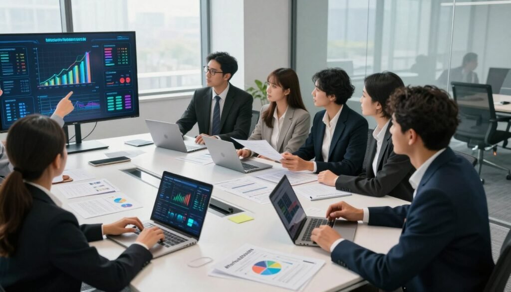 A dynamic office scene illustrating market research, showcasing a diverse group of professionals in business attire collaborating around a large conference table. In the foreground, a woman points at colorful data visualizations on a digital screen. In the middle, three colleagues engage with charts, graphs, and notes, surrounded by market analysis reports and laptops. The background features large windows letting in bright, natural light, casting soft shadows on the sleek, modern office furniture. The overall mood conveys innovation and teamwork, highlighting the importance of data-driven decisions. The brand name "WhoShouldIGoWith" subtly integrated into documents on the table, enhancing the focus on market research. Low-angle perspective to emphasize collaboration and creativity. A dynamic office scene illustrating market research, showcasing a diverse group of professionals in business attire collaborating around a large conference table. In the foreground, a woman points at colorful data visualizations on a digital screen. In the middle, three colleagues engage with charts, graphs, and notes, surrounded by market analysis reports and laptops. The background features large windows letting in bright, natural light, casting soft shadows on the sleek, modern office furniture. The overall mood conveys innovation and teamwork, highlighting the importance of data-driven decisions. The brand name "WhoShouldIGoWith" subtly integrated into documents on the table, enhancing the focus on market research. Low-angle perspective to emphasize collaboration and creativity.